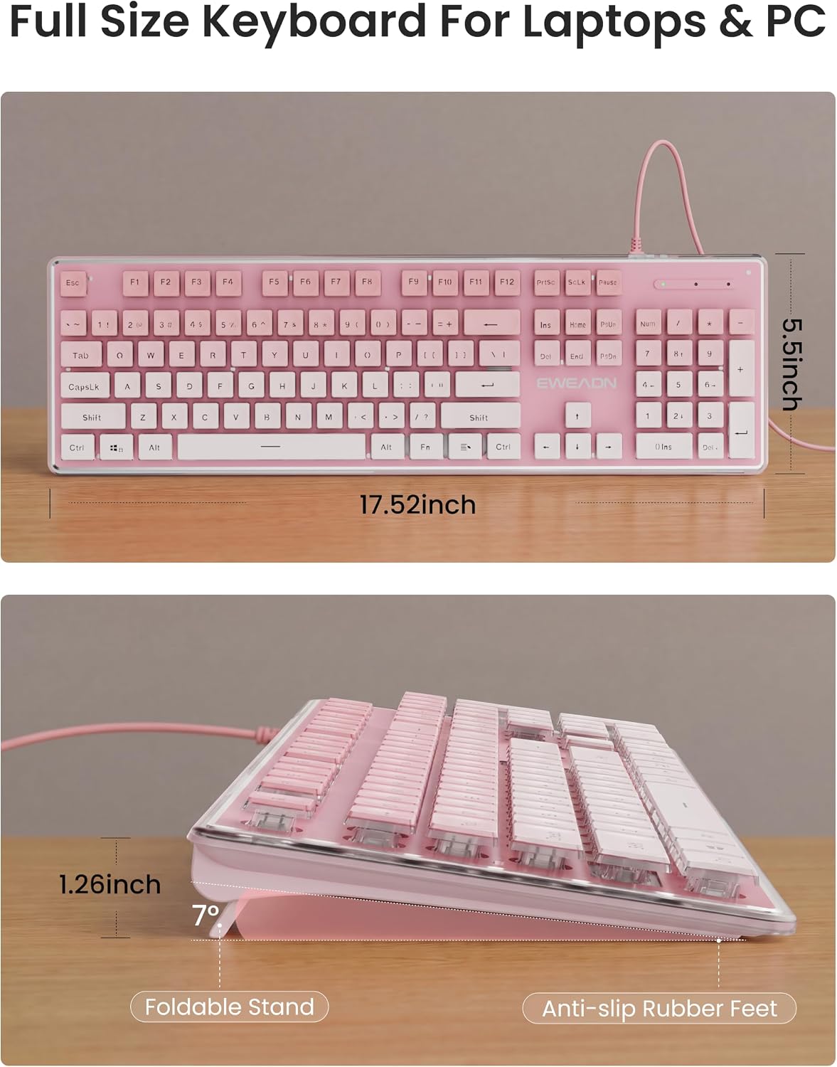 Wired Keyboard with White Backlight Pudding Keycaps, Pink-Pink Gradient
