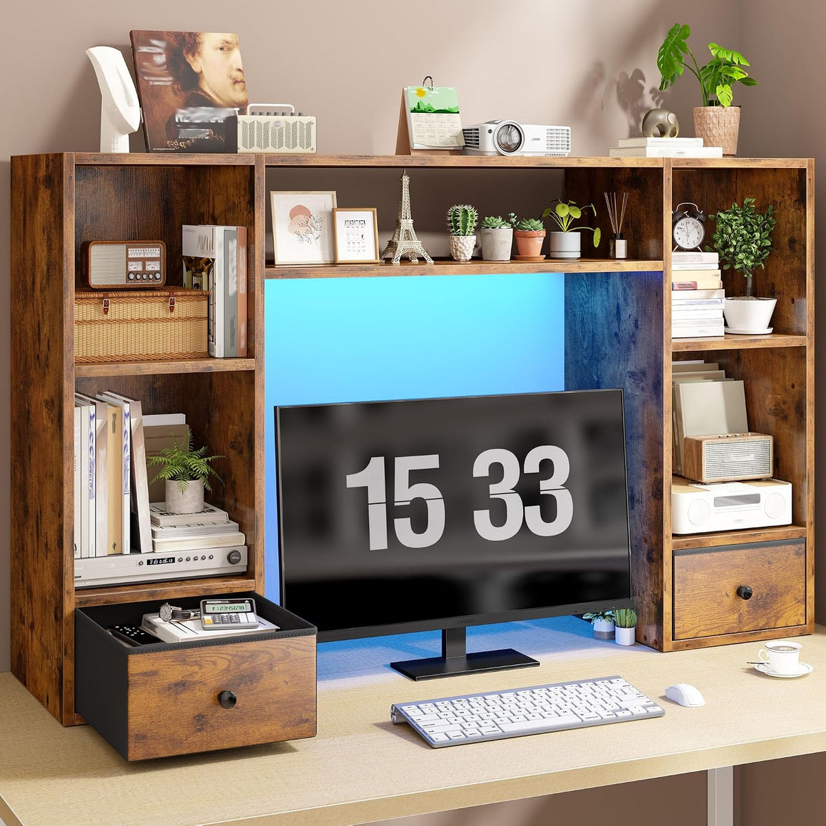 REIBII 47.2" Desktop Bookshelf, 6 Shelves & 2 Drawers, LED Lights, B...