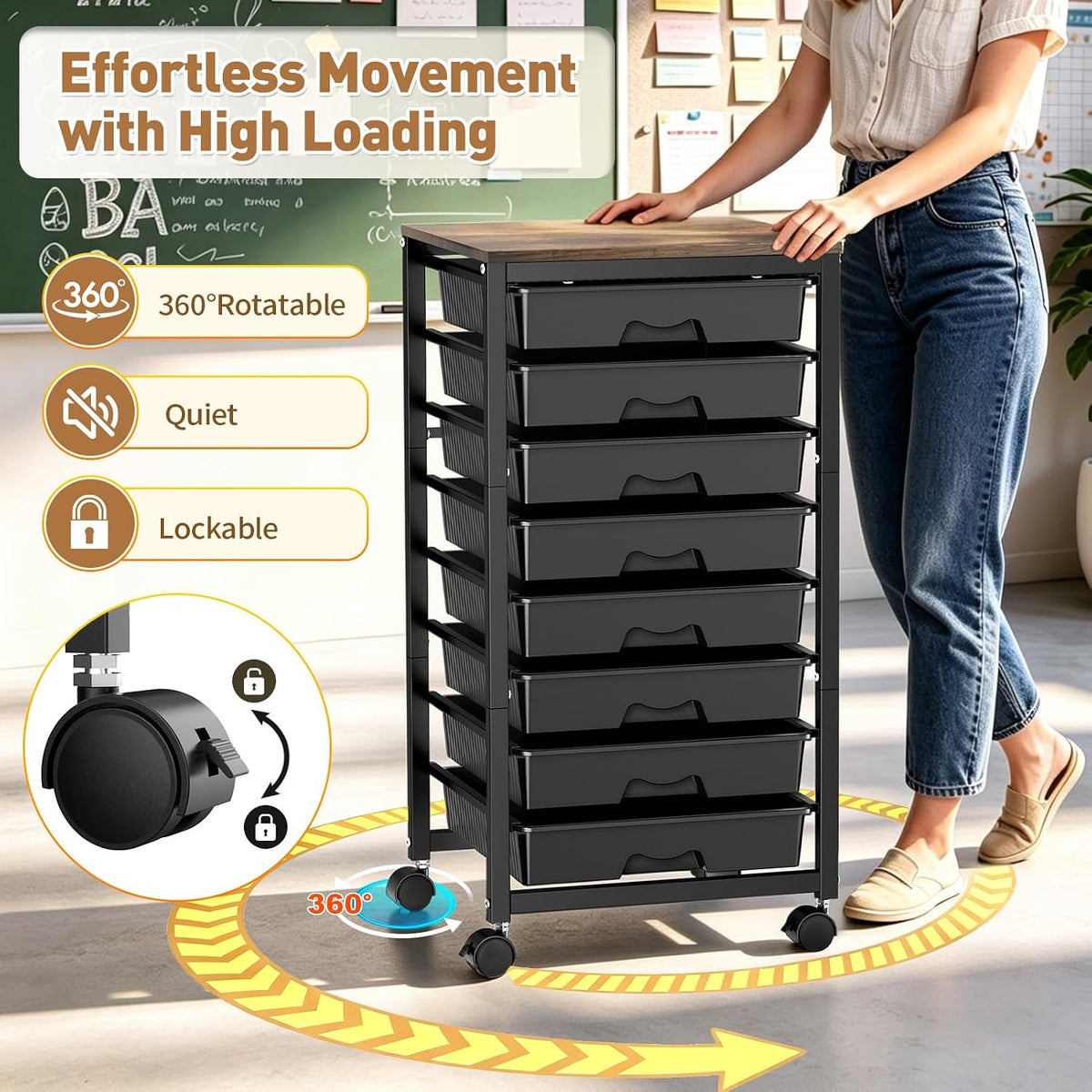 SUNALLY Rolling Cart With 8 Drawers,Storage Drawer Cart for Craft Art,Black
