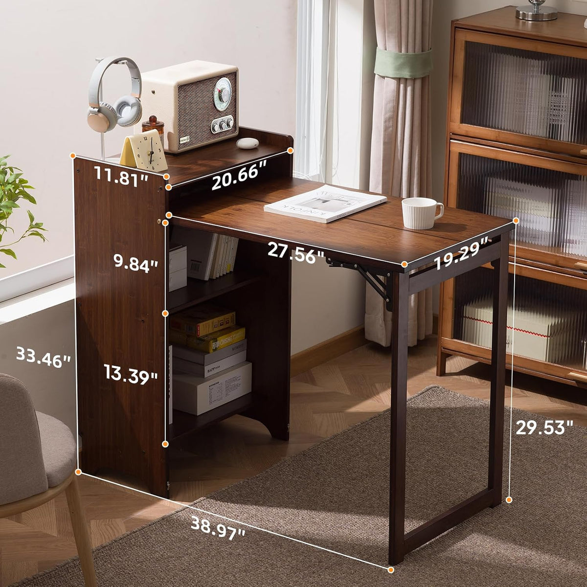 Bamboo Folding Desk with Storage, Foldable Desk for Small Spaces, Brown