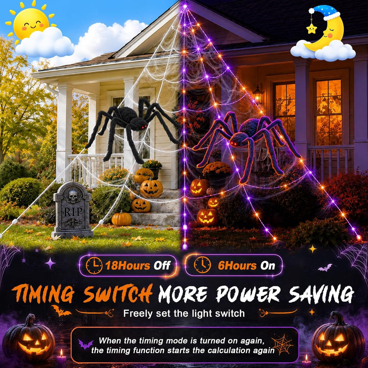Halloween Decorations Spider Web Lights Outdoor+60CM/125CM Fake Spider