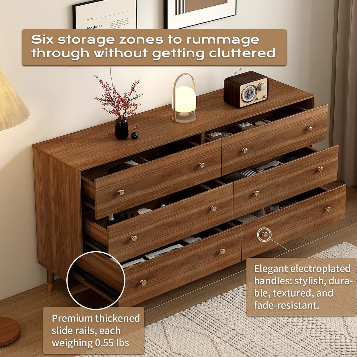 Mid Century Modern 6-Drawer Dresser, 55 Inch Solid Wood Frame Chest, Walnut