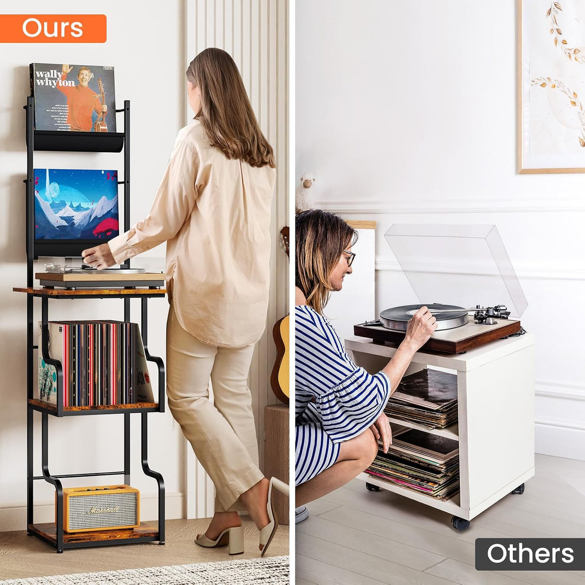 TJ.MOREE Record Player Stand with Vinyl Storage, Tall Record Player Table wit...