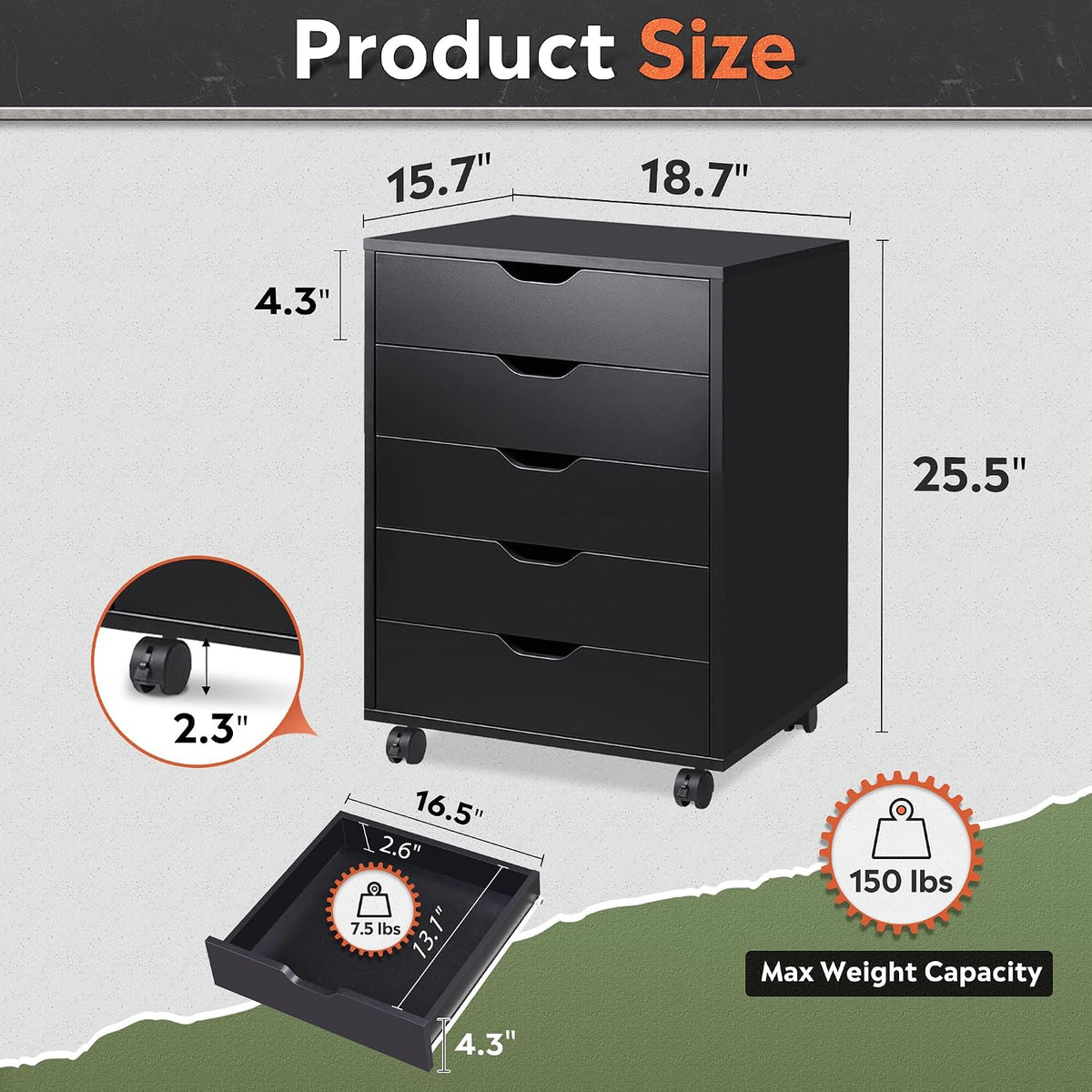 DEVAISE 5-Drawer Filing Cabinet, Under Desk file Cabinet, Black