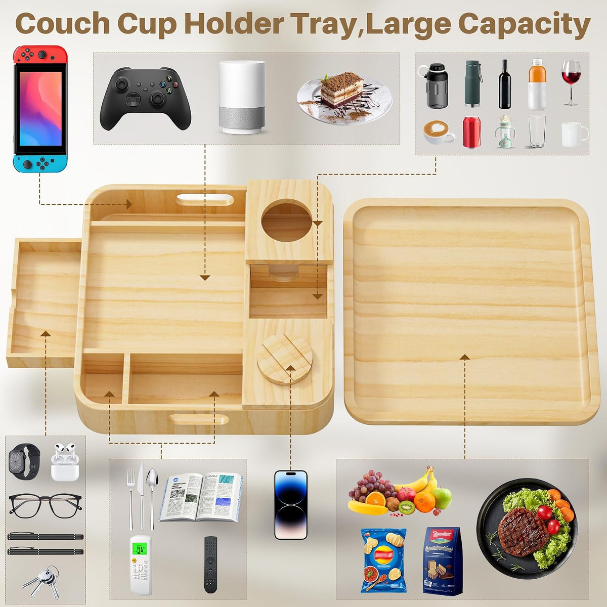Couch Cup Holder 2-Tier Solid Pine Wooden Trays with Drawer 12.5 * 12.5 in