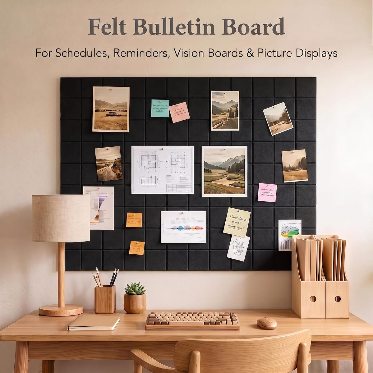 Large Felt Bulletin Board 48" x 36" Cork Board Alternative (Black)