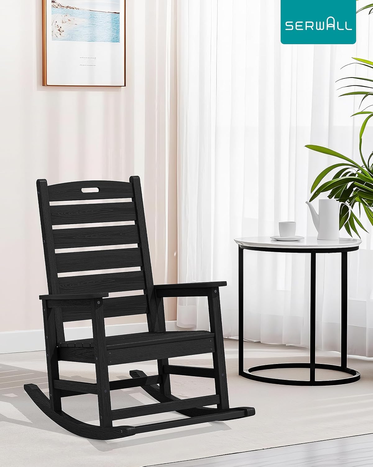 SERWALL Outdoor Rocking Chair Set of 2, Oversized HDPE Rocker, Black