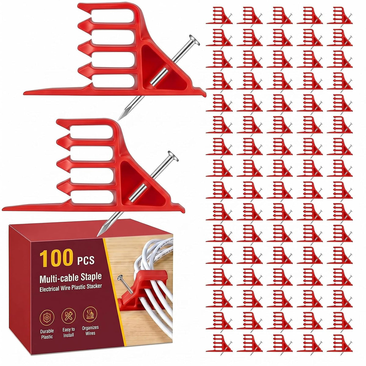 100 Pcs Cable Stacker Wire Staples, Plastic Clips with Nail, Red