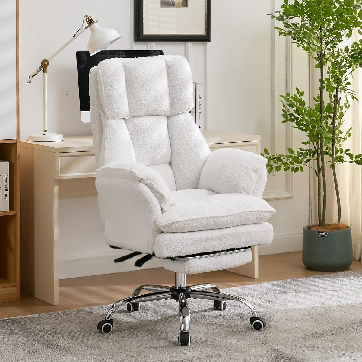 JOMEED Cloud Cross Legged Office Chair with Footrest,Flip Armrest,White