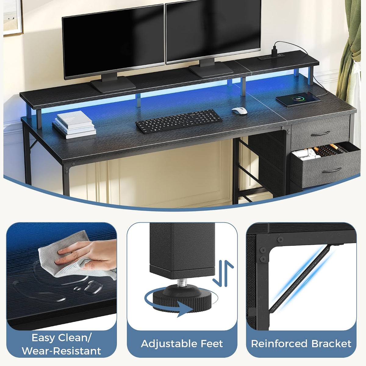 DUMOS 47-Inch Gaming Computer Desk with Drawers for Home Office, Black