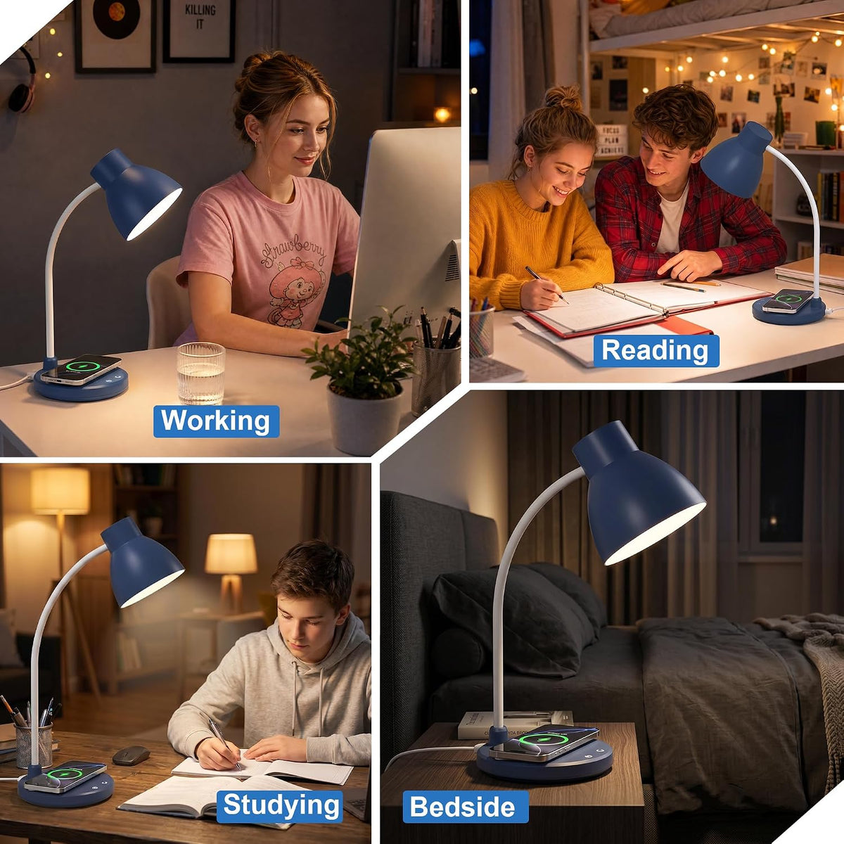 LED Desk Lamp for Home Office with Wireless Charger, Navy Blue