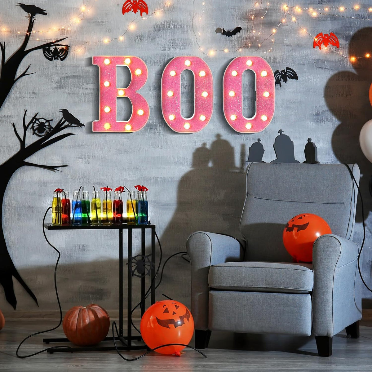 Baquler 3 Pcs Halloween Boo Sign Light up Marquee LED Letters,Pink