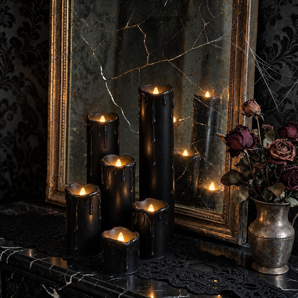 6 Pack LED Flickering Flameless Black Melting Drip Pillar Candles with Timer,...