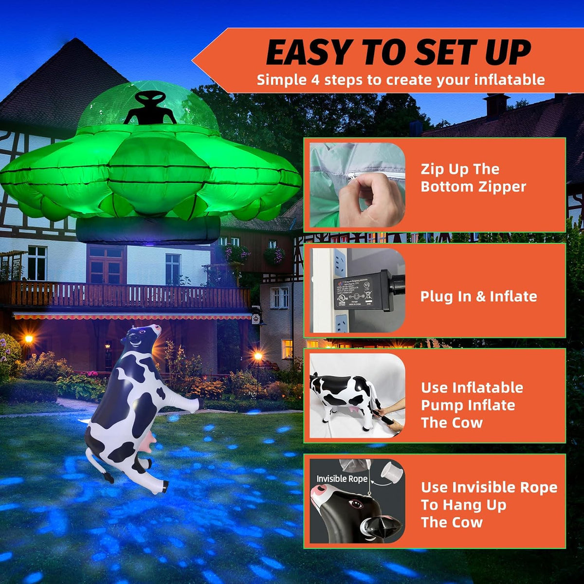 Alien Party Decorations 4.2FT Hanging UFO Cow Abduction Inflatable Alien Infl...