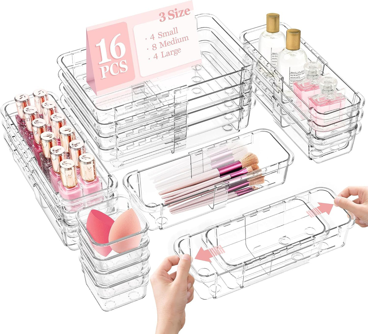 DILIBRA 16 Pcs Clear Extendable Drawer Organizer, 3-Size Adjustable