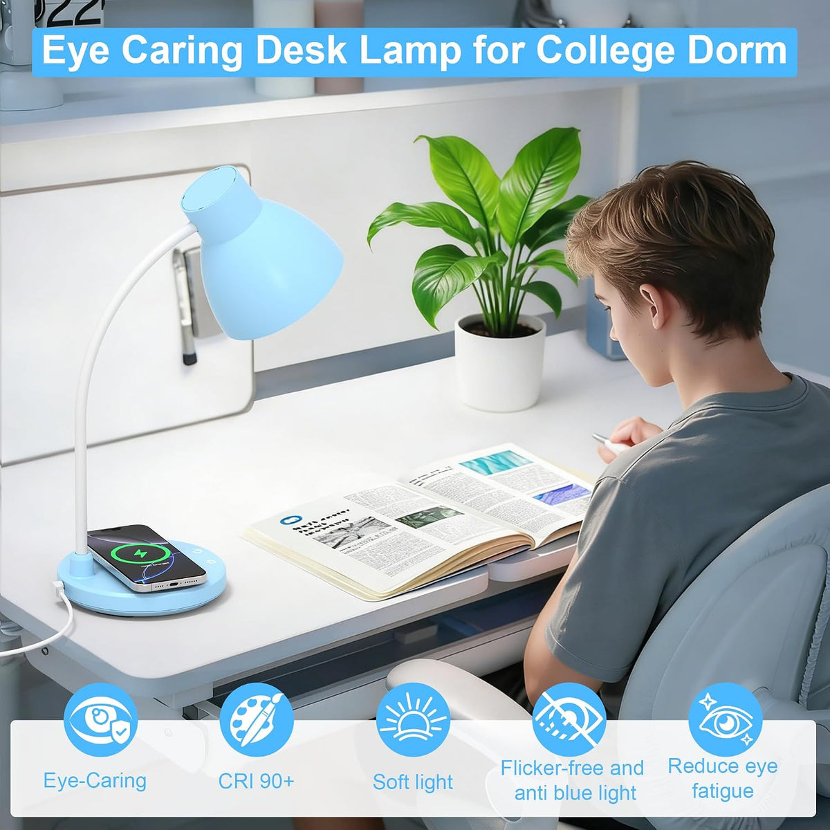 LED Desk Lamp for Home Office with Wireless Charger, Blue