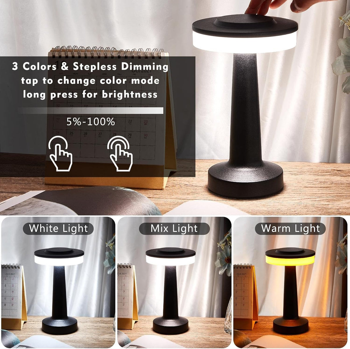 Riakrum 12 Pcs LED Cordless Table Lamp Bulk Rechargeable,Black