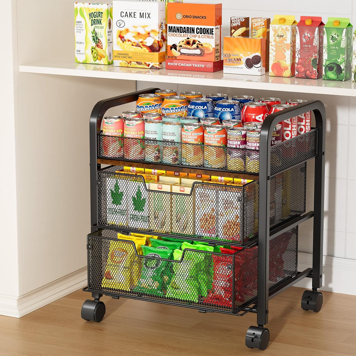 HapiRm 3 Tier Rolling Pantry Organizer Cart- Snack Storage Cart with Wheels