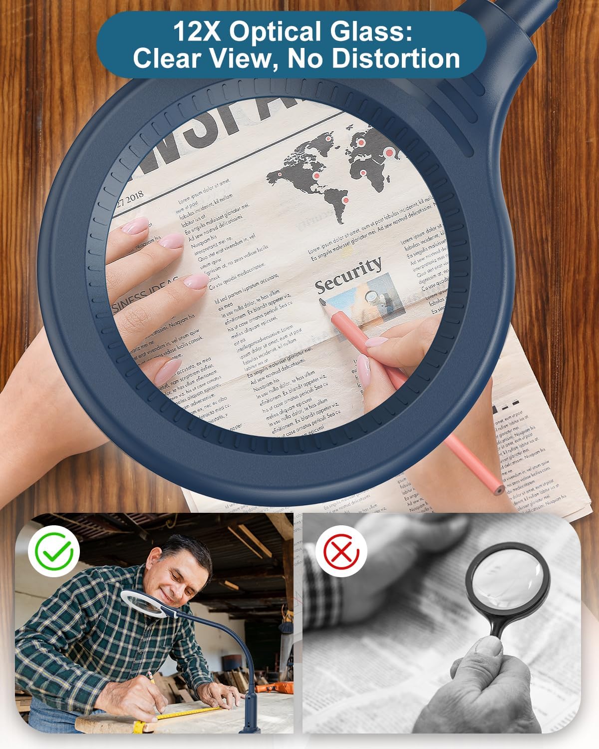 12X Magnifying Glass with Light and Stand, Real Glass, LED 5 Color Modes, Bri...
