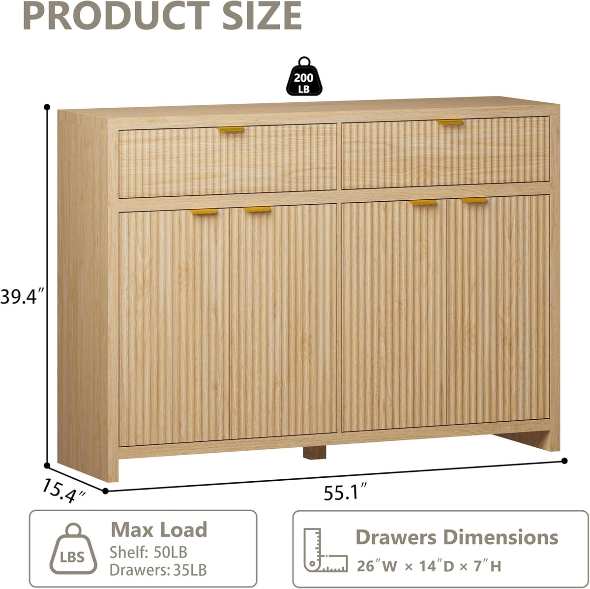 Fluted Sideboard Buffet Cabinet with Storage and Large Drawers, 55" W Cr...