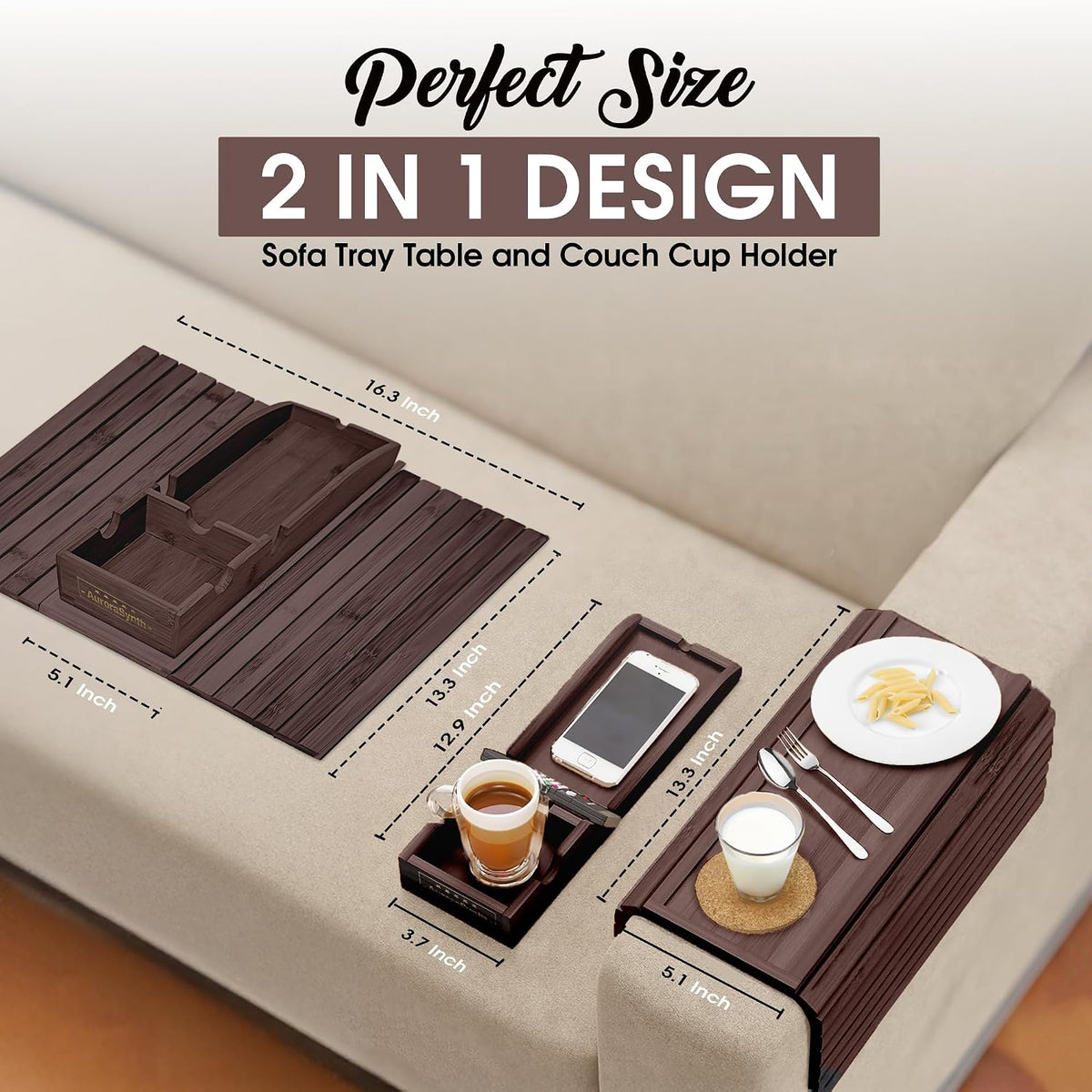 Couch Cup Holder, 2 Cork Coasters, Anti-Slip Foldable Couch Arm Tray Walnut