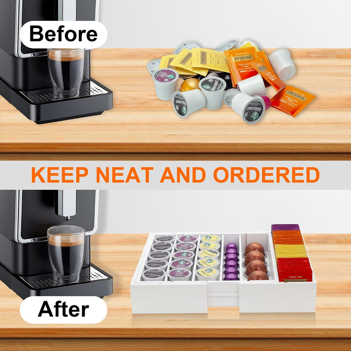 MinBoo Bamboo Drawer Organizer - Expandable K Cup & Pods Holder, Coffee P...