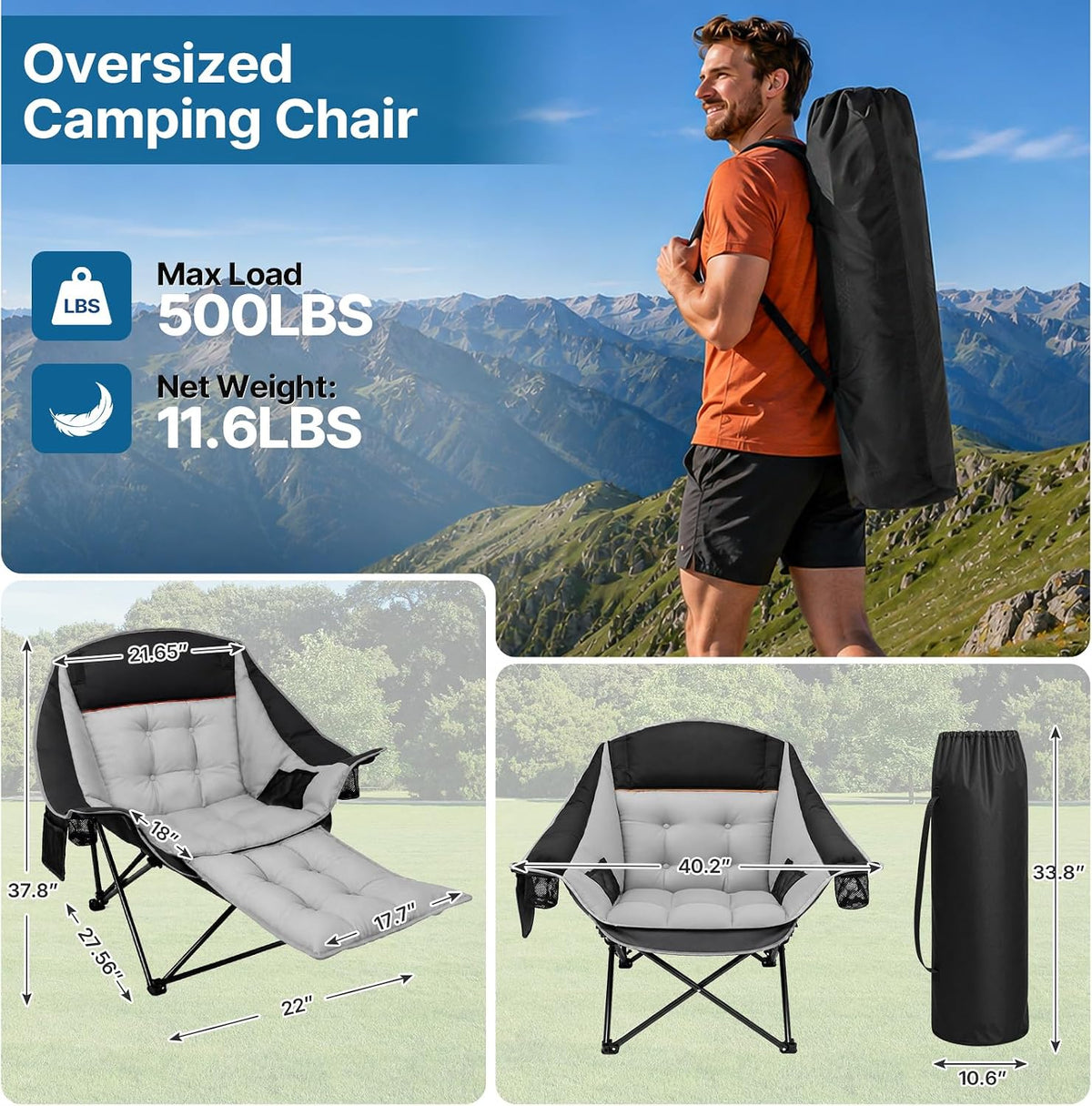 ZENPETIO Oversized Camping Chair with Footrest, 500 lbs Folding Camp Chairs