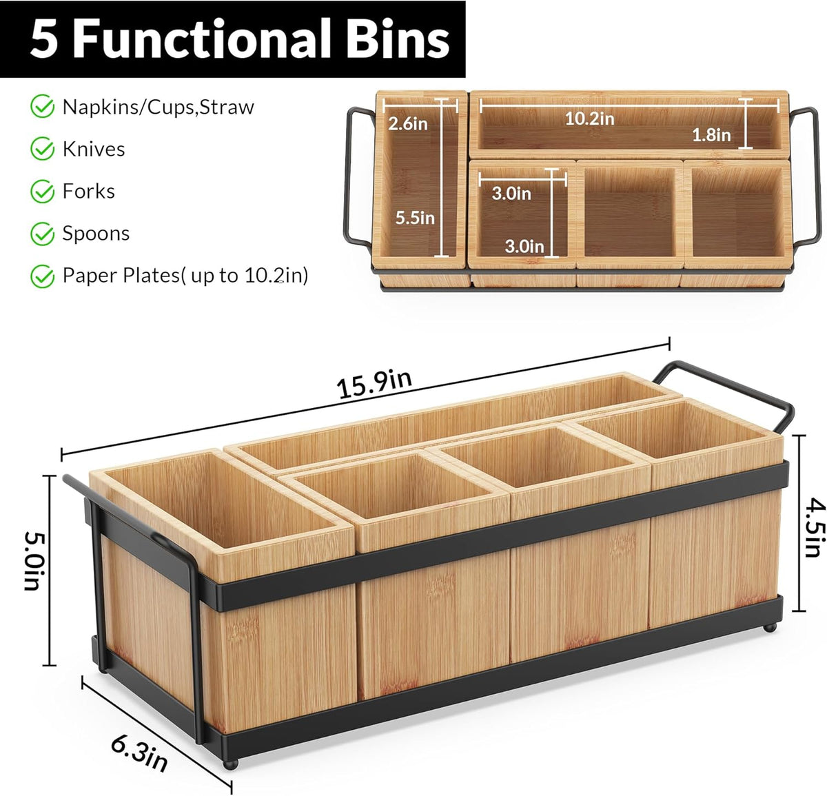 Silverware Holder for Party, Bamboo Utensil Caddy with 5 Removable Bins.