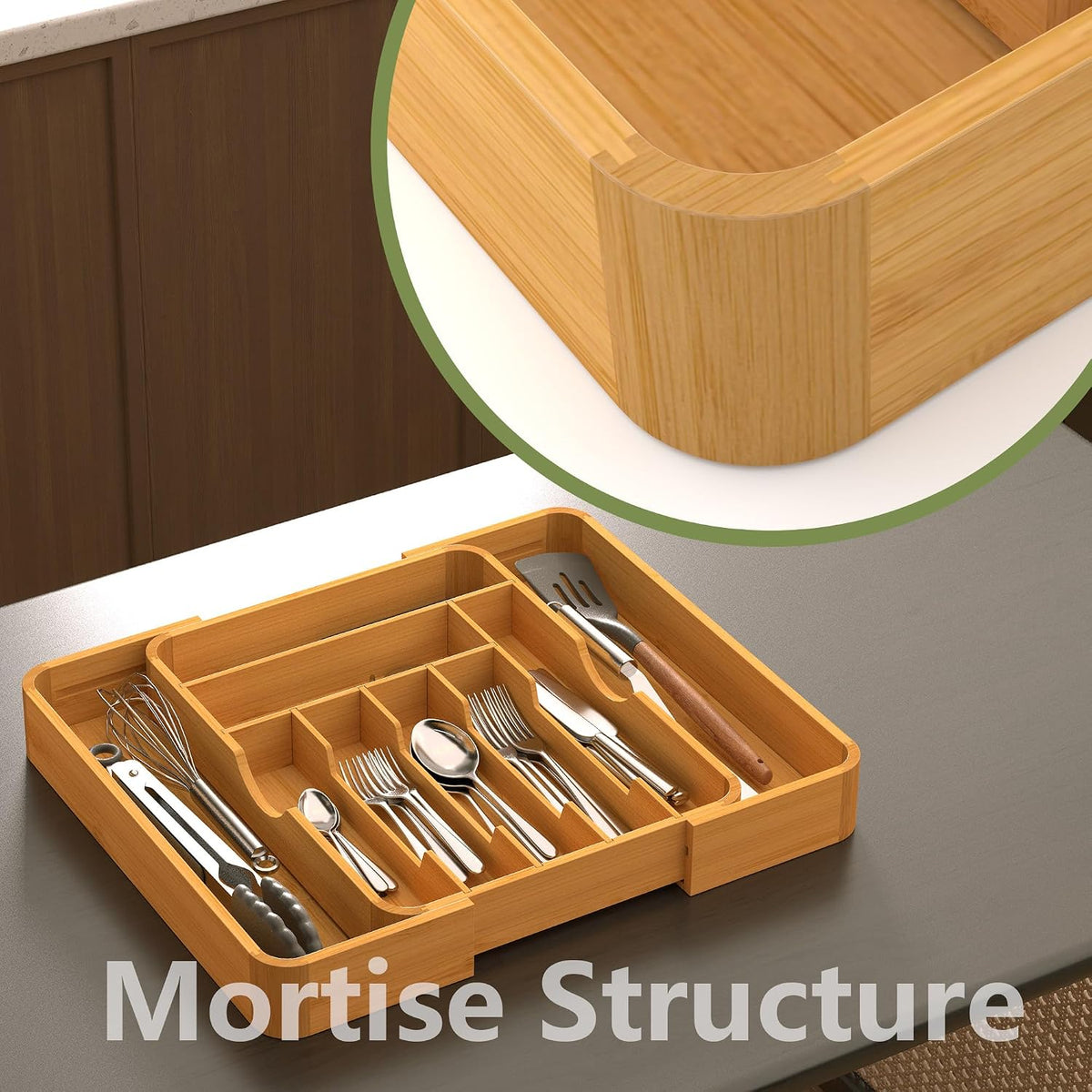 Suli Extra Large Silverware Drawer Organizer,Expand 12.6in to 19.7in,Bamboo