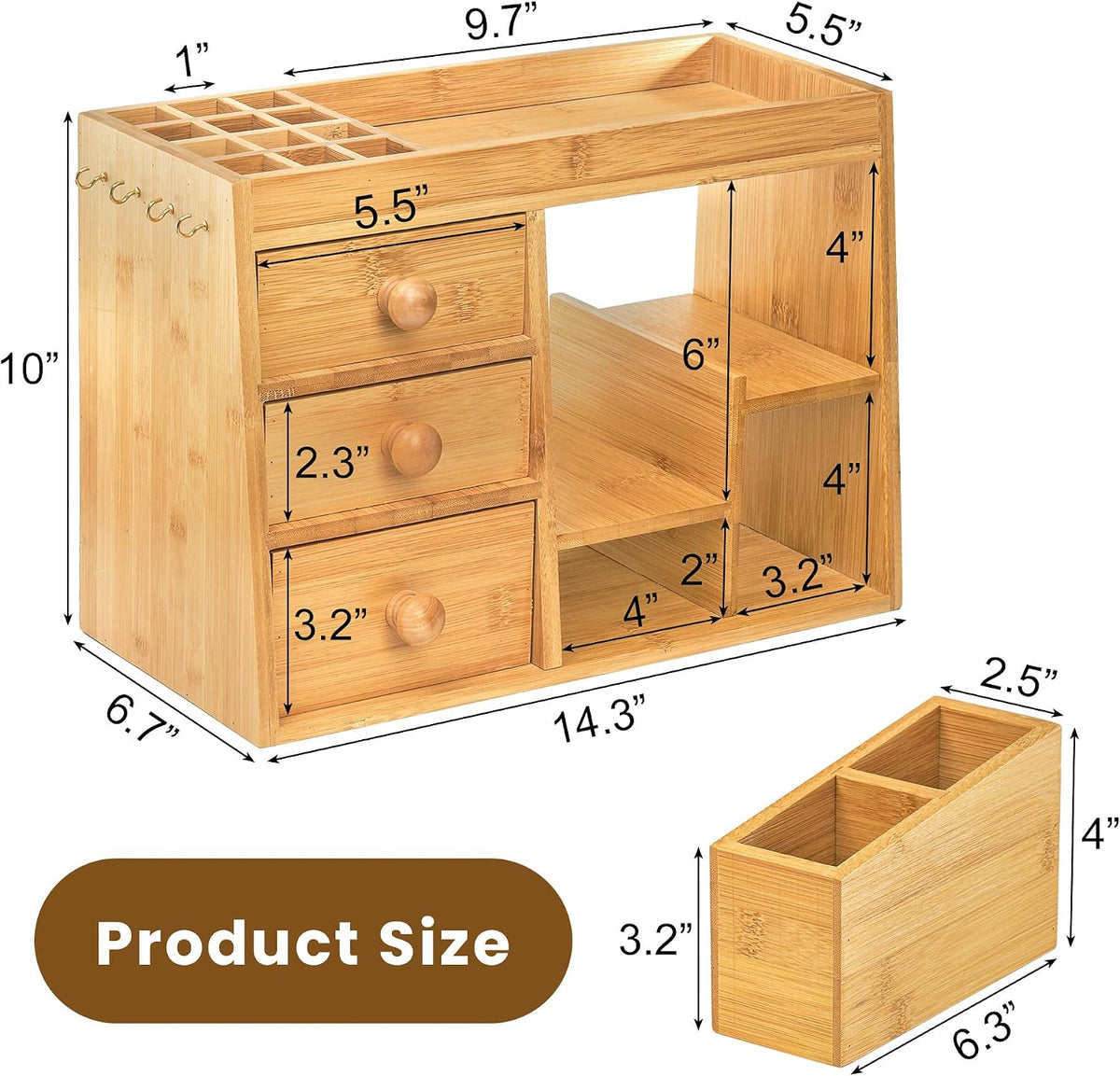 Elsjoy Large Countertop Bamboo Makeup Organizer with 3 Drawers, 12-Grid Lipst...
