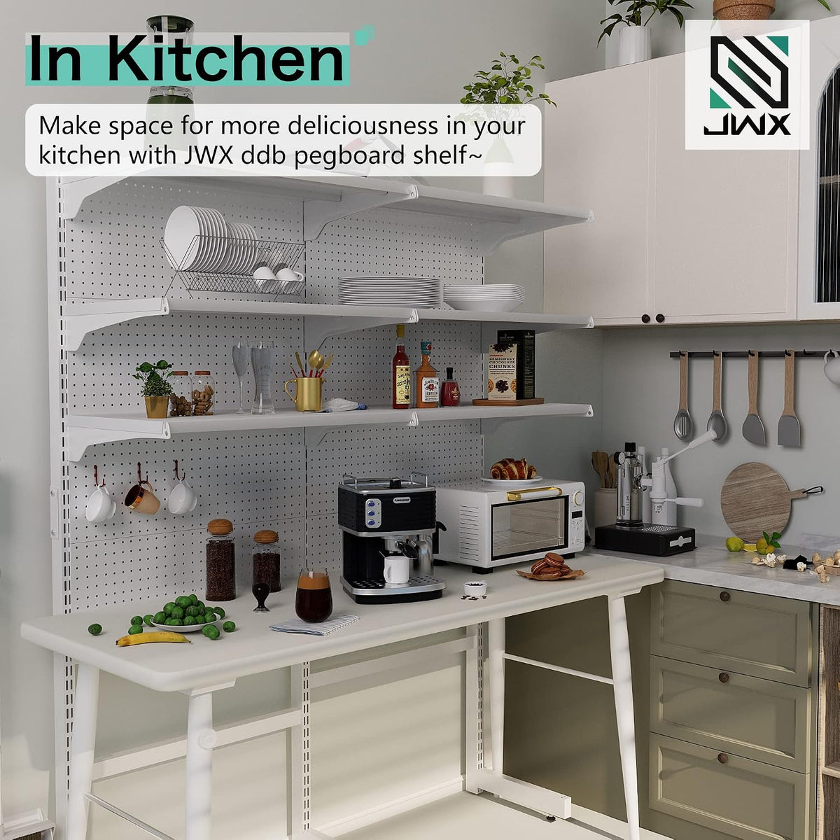 JWX Standing Pegboard Shelf Unit, White Gaming Home Office Garage Cabinets wi...
