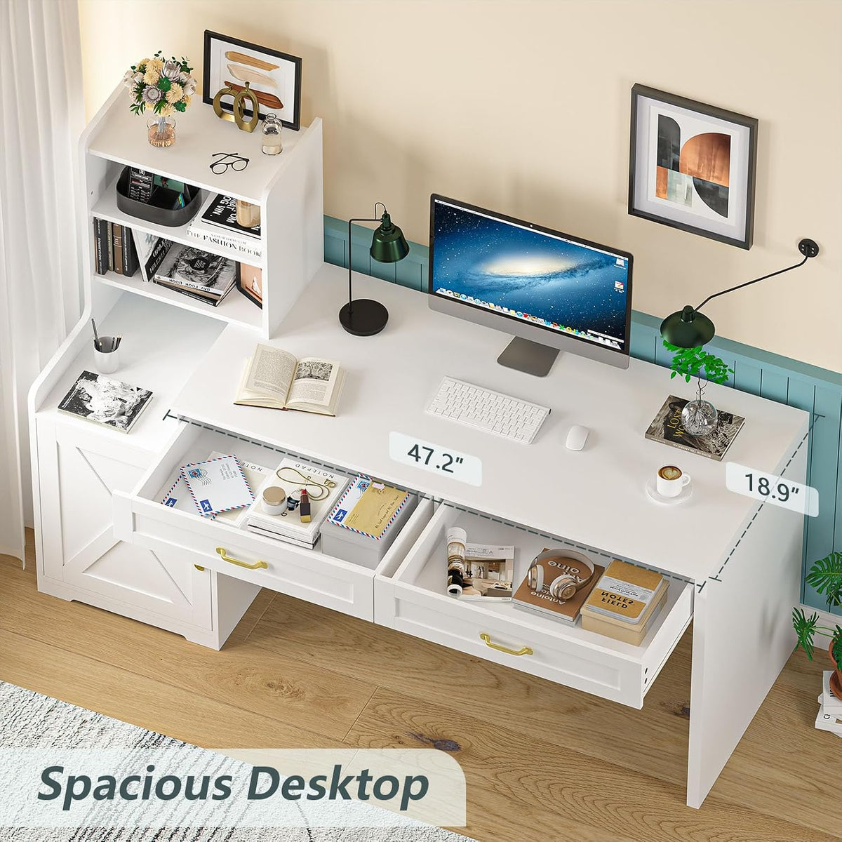 60" White Computer Desk with Drawers & Bookshelves for Bedroom, Home...