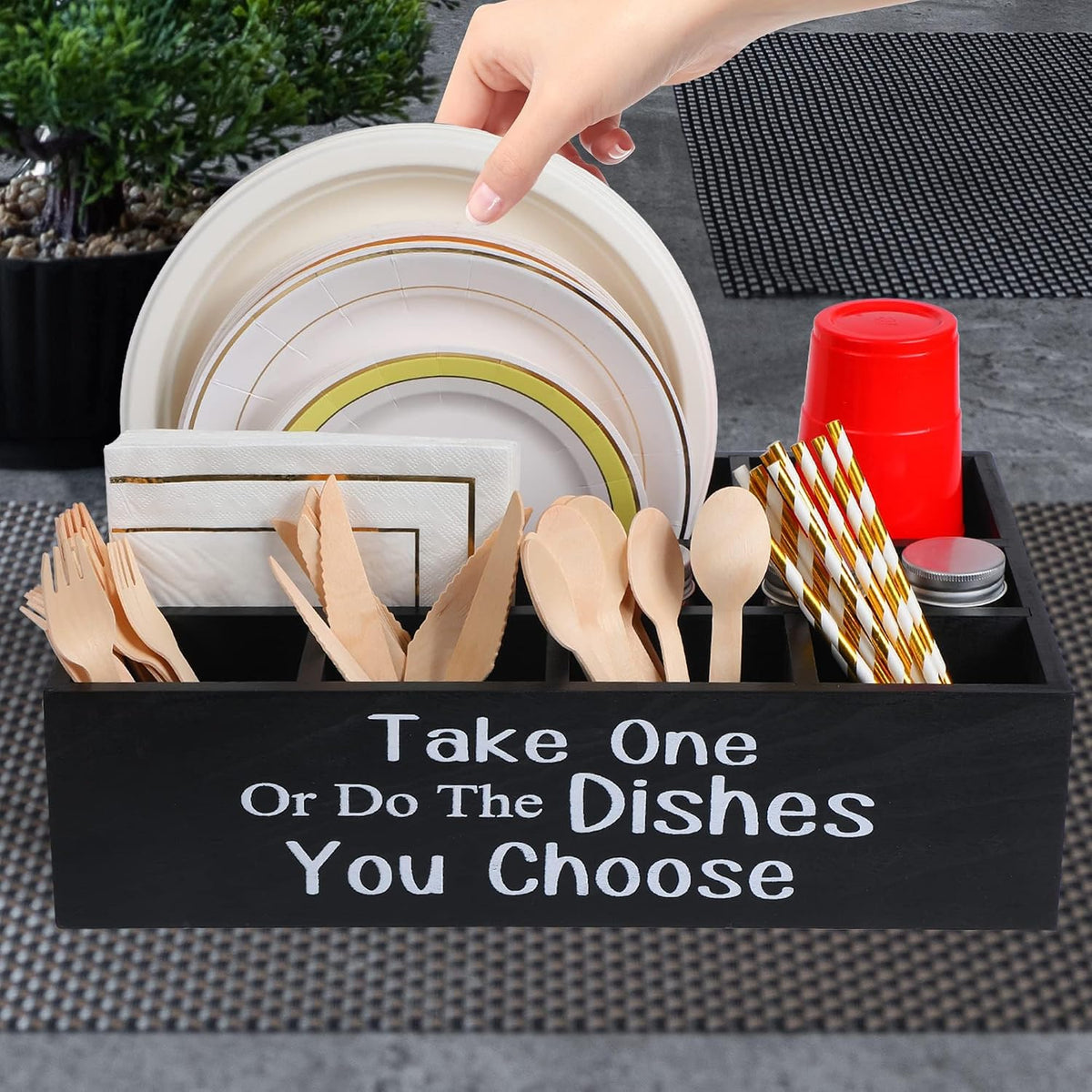 Large Paper Plate Holder Utensil Caddy Organizer for Countertop,Cups,Forks