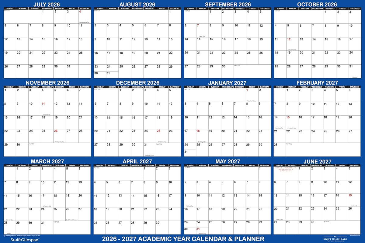 47" x 72" SwiftGlimpse 2026-2027 Academic Wall Calendar Erasable La...