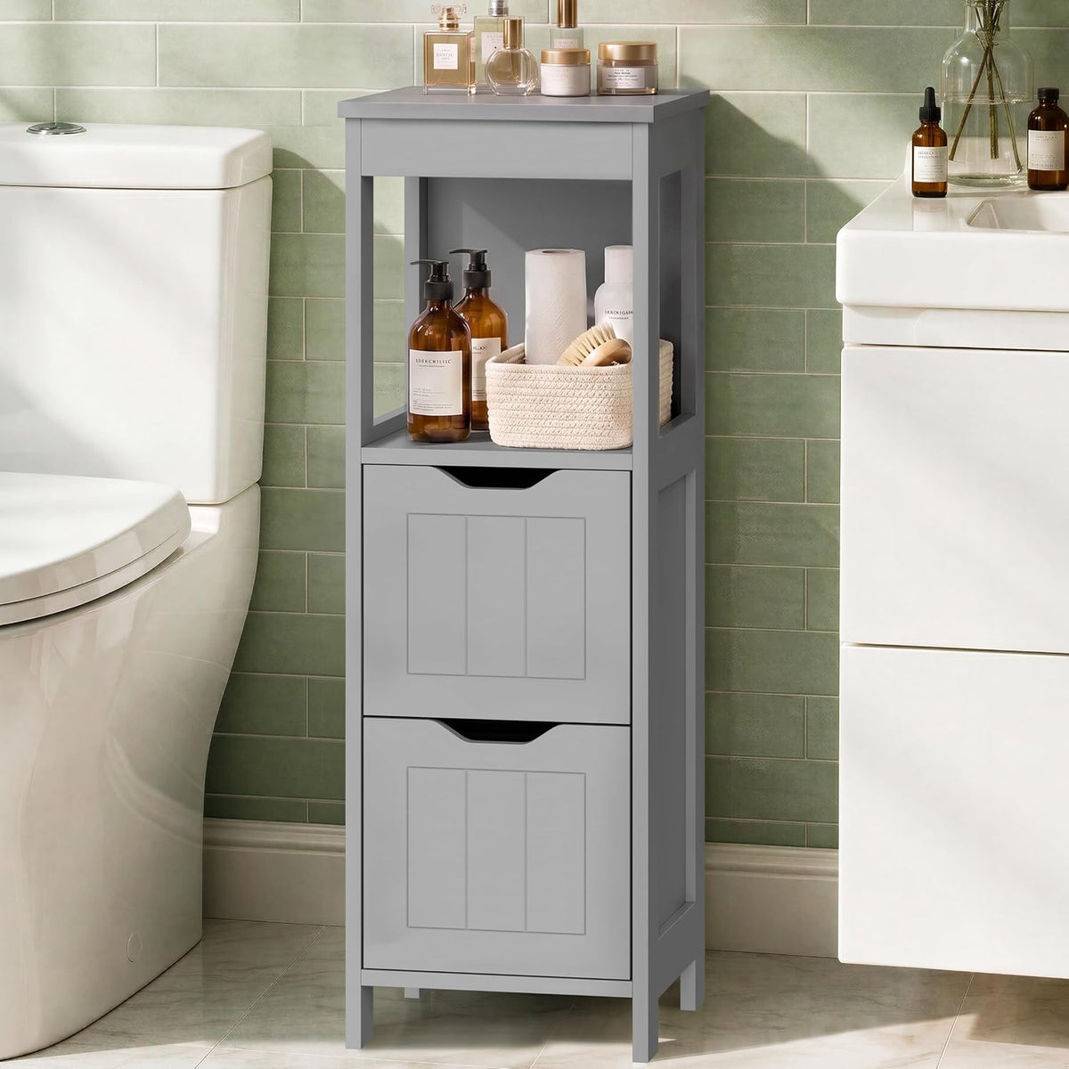 Shintenchi Small Bathroom Storage Cabinet, 2 Drawer Slim Floor Cabinet