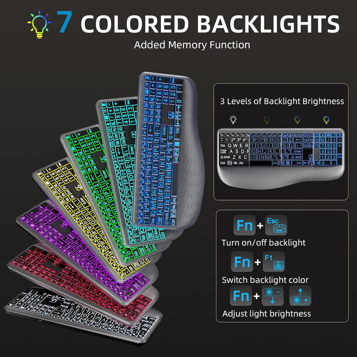Hamile Large Print Wireless Backlit Keyboard for Windows, Gray