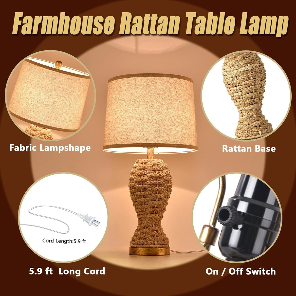 24.4" Boho Table Lamps for Living Room, Bedside Lamp for Nightstands, Ra...