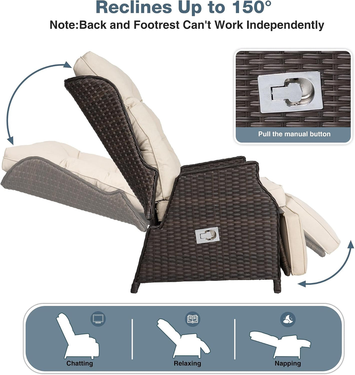 Outdoor Recliner with Adjustable Backrest and Footrest,Beige