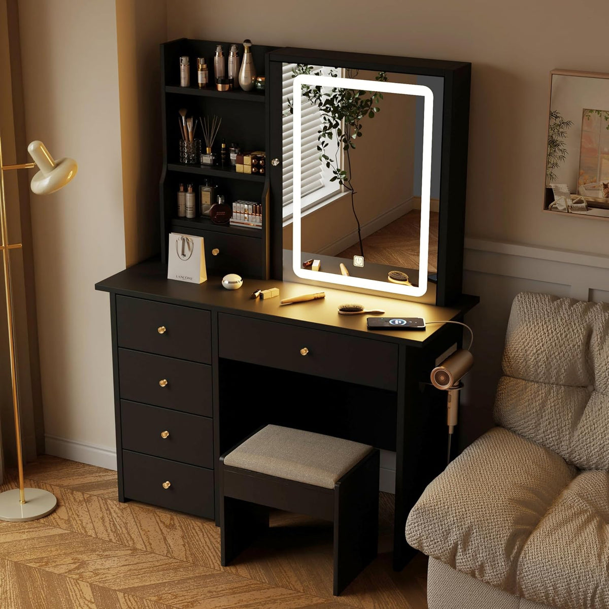 Vanity Desk with Mirror and LED Lights, Makeup Vanity Set with Power Outlet, ...