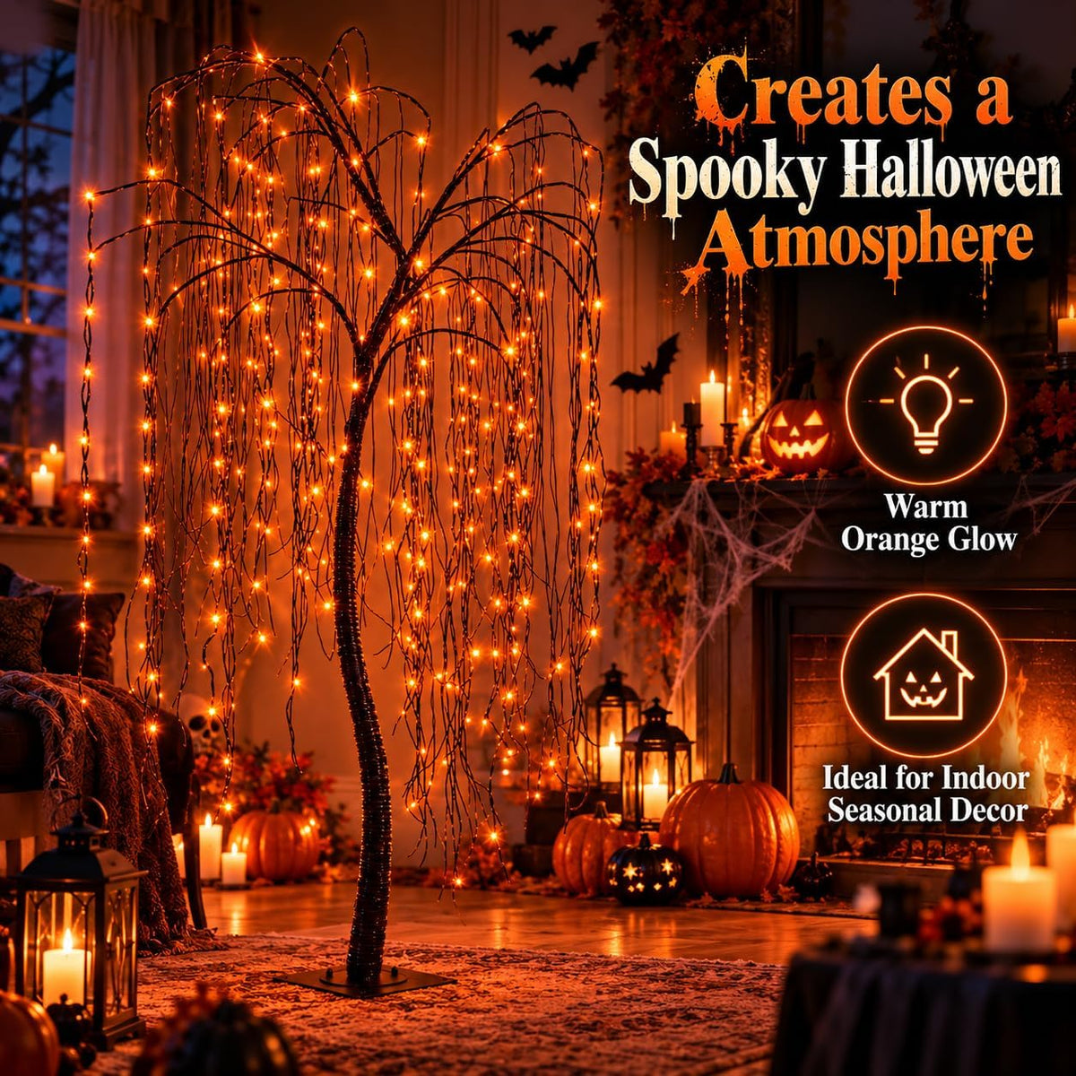 7 FT Halloween Lighted Willow Tree 256 LED Orange Lights Artificial Weeping W...