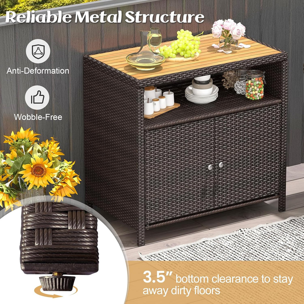 RELAX4LIFE Wicker Outdoor Bar Cabinet - PE Rattan Patio Bar Table w/Acacia Wo...