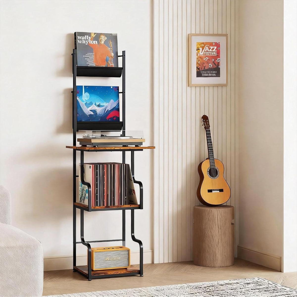 TJ.MOREE Record Player Stand with Vinyl Storage, Tall Record Player Table wit...
