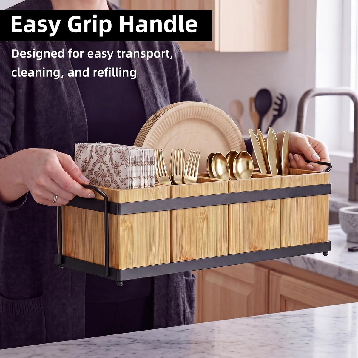 Silverware Holder for Party, Bamboo Utensil Caddy with 5 Removable Bins.
