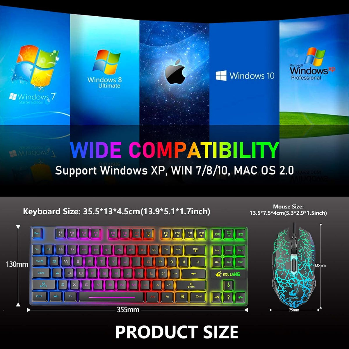 Wireless Membrane Gaming Keyboard and Mouse Set with 87Key Tenkeyless-Black