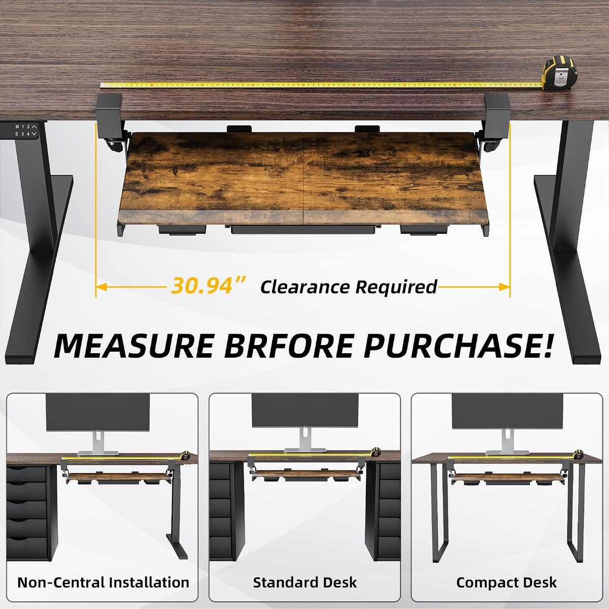 ETHU Under Desk Keyboard Tray with Metal Slide Rail, 26.8x11.8", Walnut