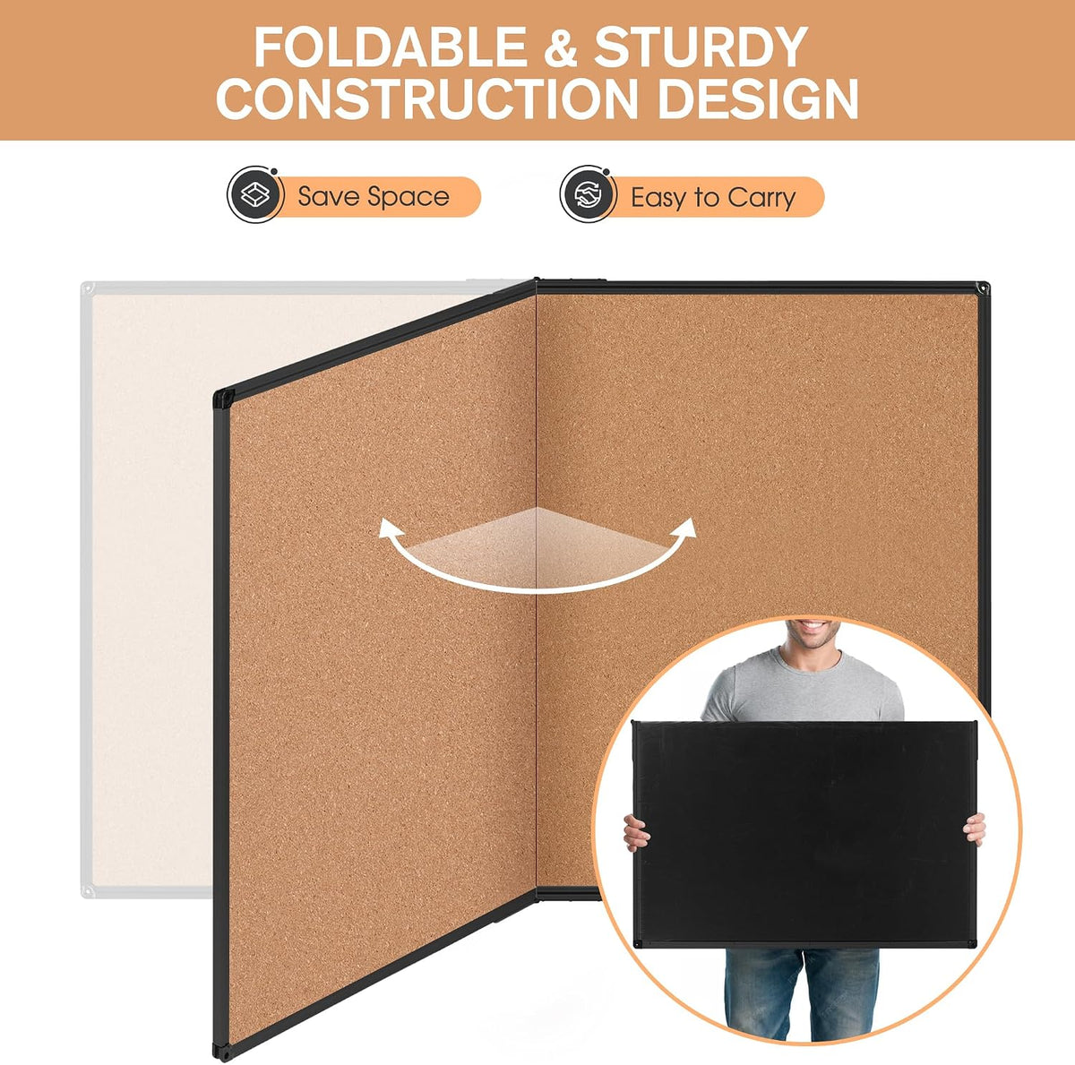Cork Board Bulletin Board 36 x 48, Foldable Notice Pin Board for Wall, Black ...