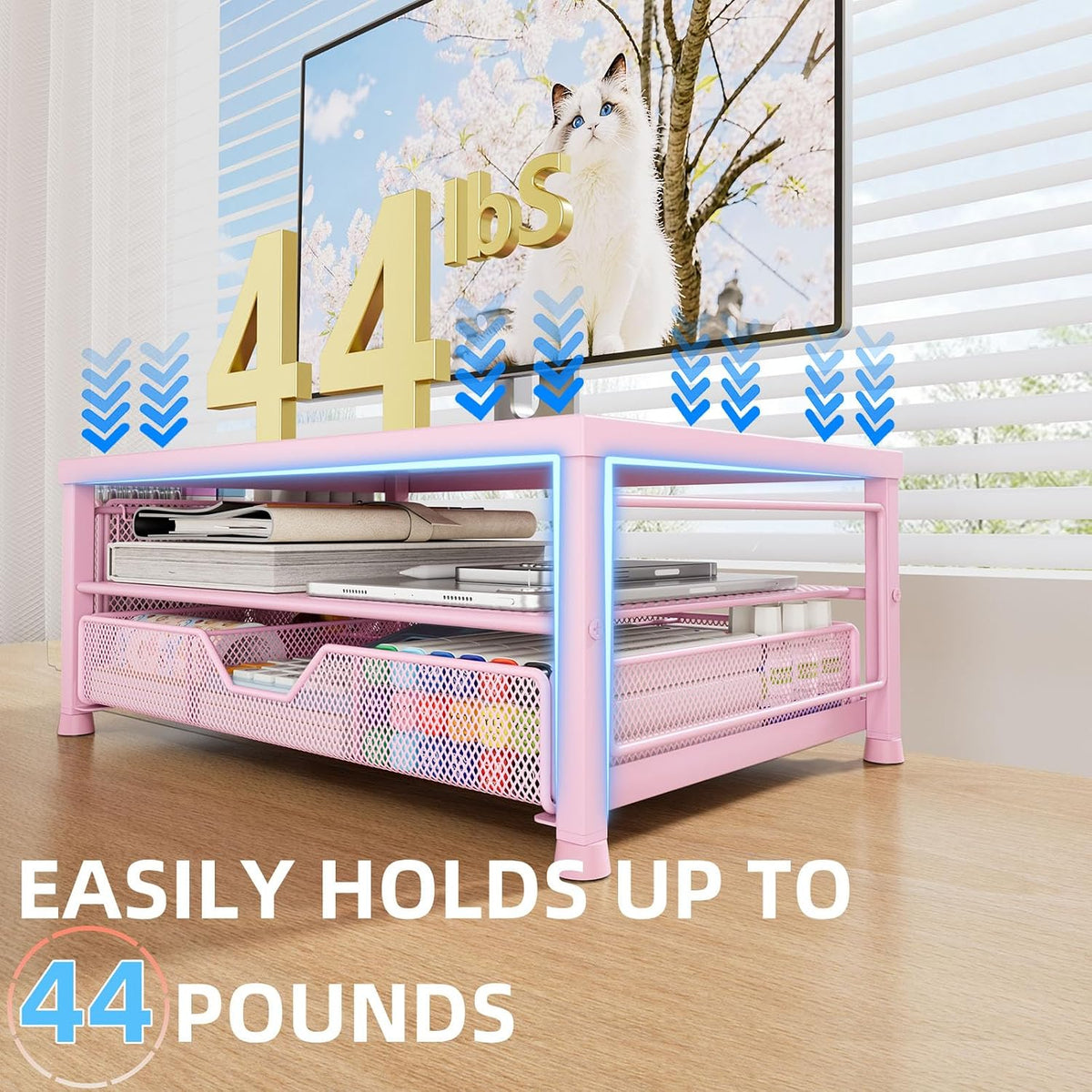 Monitor Stand Riser with Mesh Drawer and 2 Side Pen Holders, Pink Metal Top