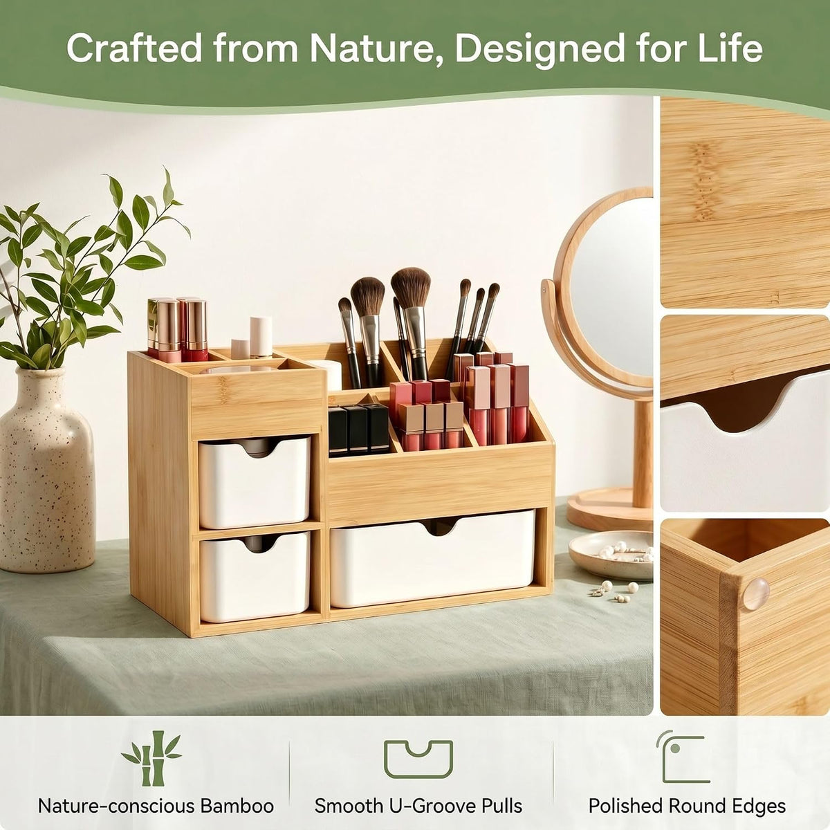 Bamboo Makeup Organizer, 3 Drawers & Adjustable Dividers