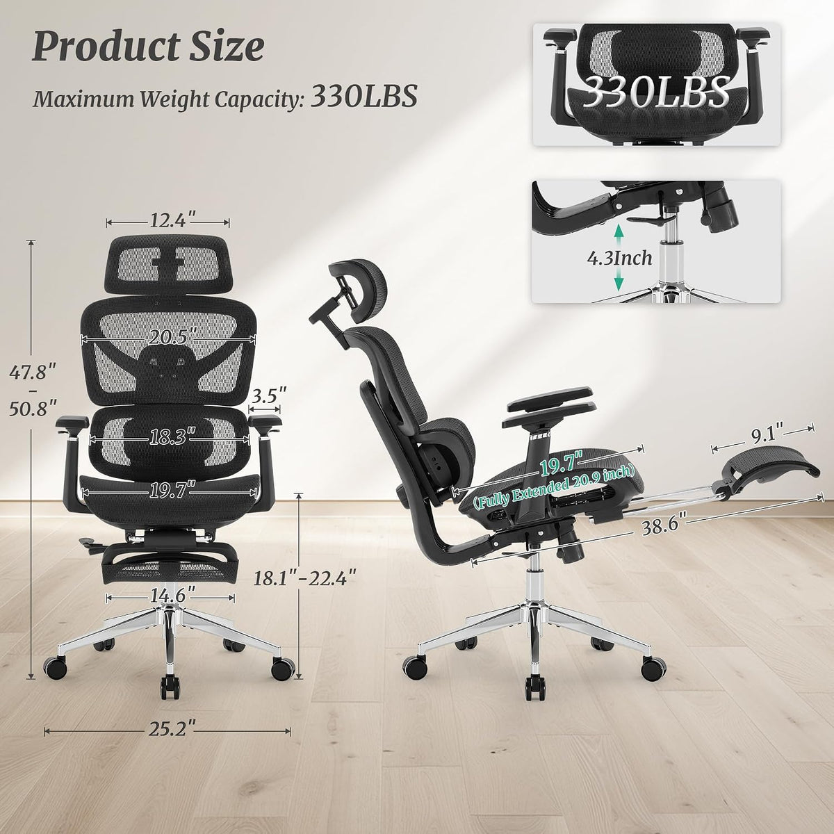 Cozyman Ergonomic Office Chair with Footrest - 5-Level Adjustable Lumbar Supp...