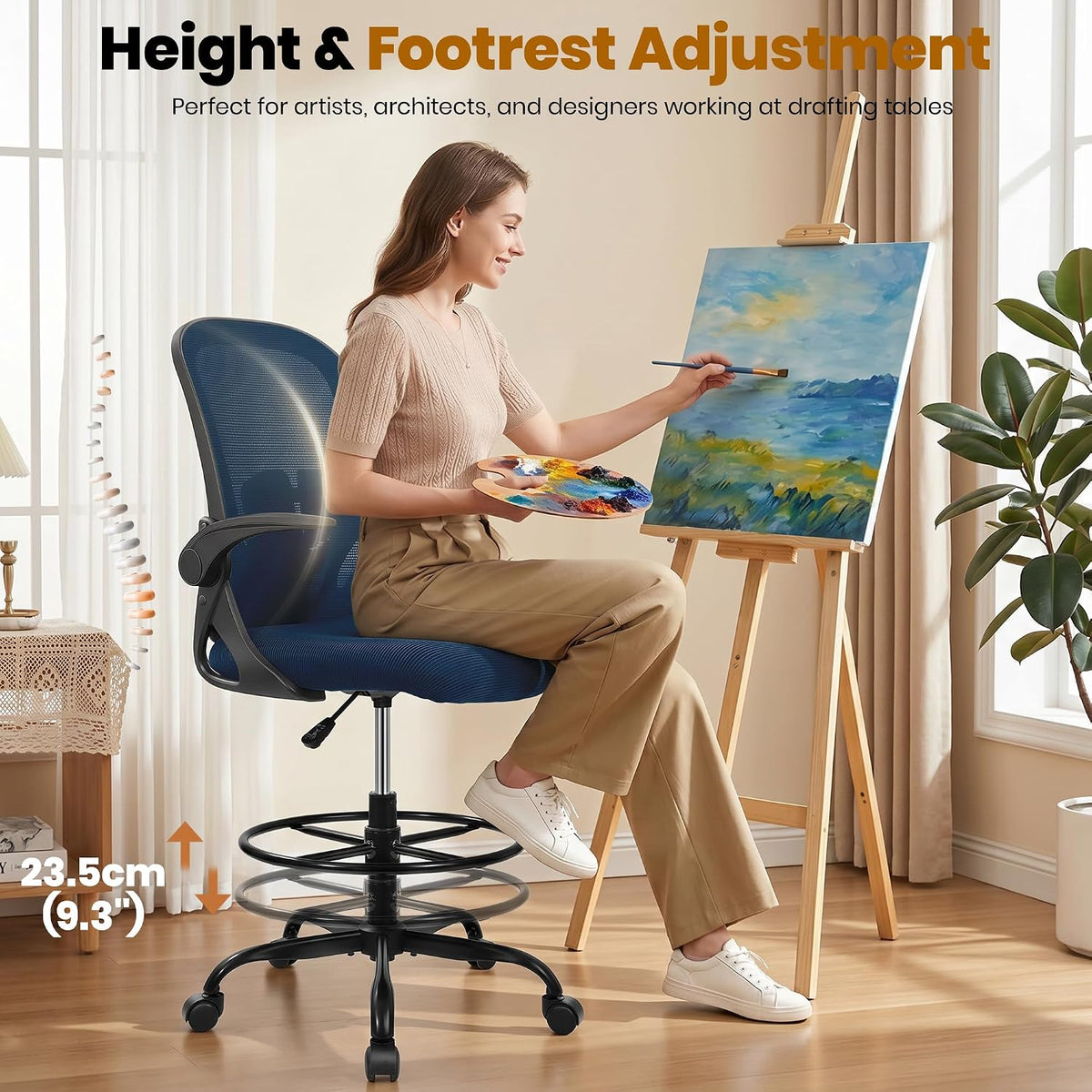 Primy Drafting Chair Tall Office Chair with Flip-up Armrests Executive Ergono...